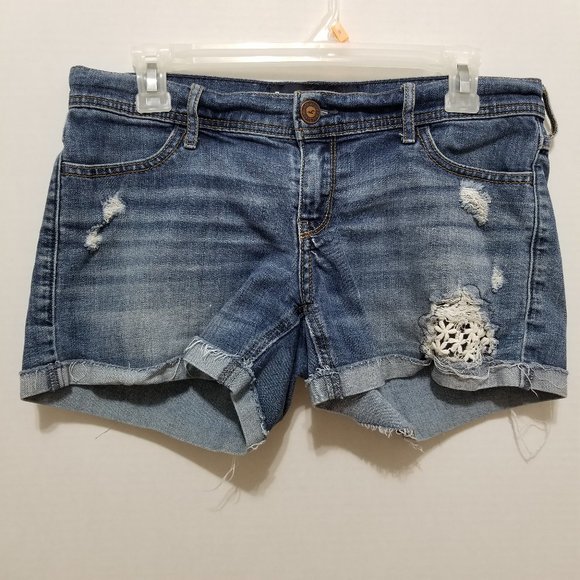 Hollister shorts 7 Midi distressed floral crochet boho denim cuffed low rise - Picture 1 of 16
